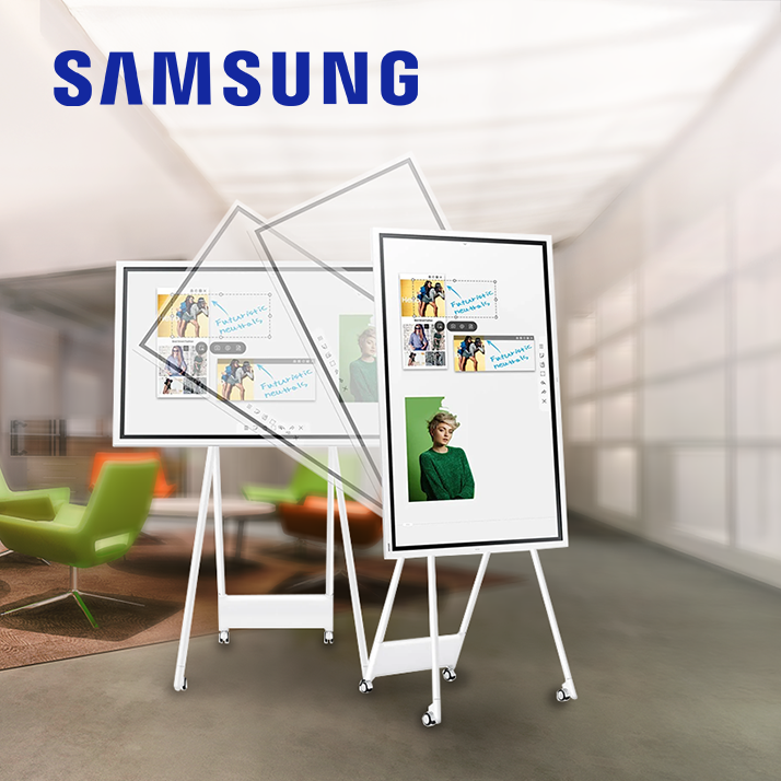 Samsung Flip Pro Board, drehbar und interaktiv, in einem modernen Büro mit stylischem Design, ideal für Präsentationen, Teamwork und kreative Zusammenarbeit