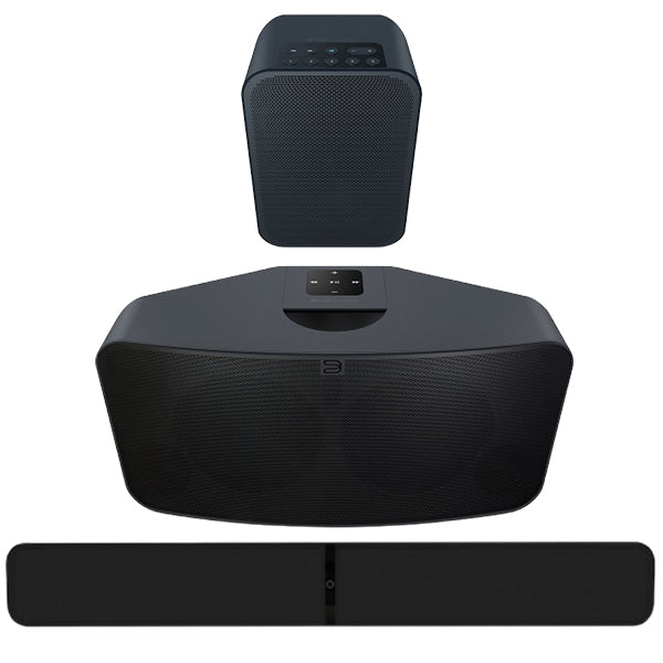 Moderne Audio-Komponenten: Lautsprecher, Soundbar und Streaming-Speaker in elegantem Schwarz für kraftvollen Klang in jedem Raum.