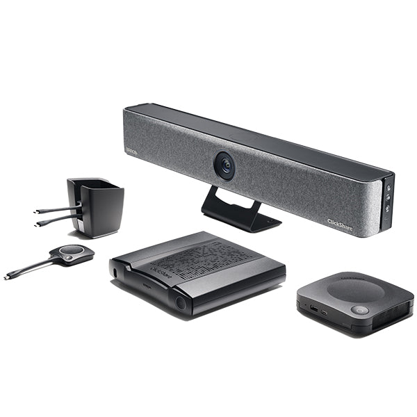 Komplettes Barco ClickShare System mit Kamera, Base Unit, Buttons und Konferenzmodul – kabellose Präsentationslösung für moderne Meetingräume.