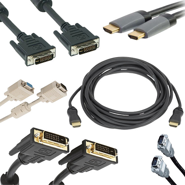 Vielfältige Anschlusskabel: HDMI-, DVI-, VGA- und Netzwerkkabel – ideal für audiovisuelle Verbindungen in Präsentation und IT.