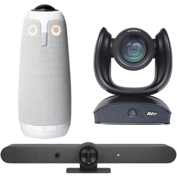 Moderne Videokonferenzsysteme: PTZ-Kamera, 360°-Konferenzkamera und All-in-One-Bar – ideale Lösungen für professionelle Online-Meetings.