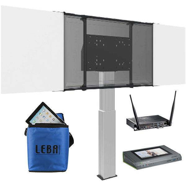 Vielfältiges AV-Zubehör: Displayhalterung, Touchpanel, WLAN-Router und Tablet-Tasche – praktische Ergänzungen für Präsentations- und Medientechnik.