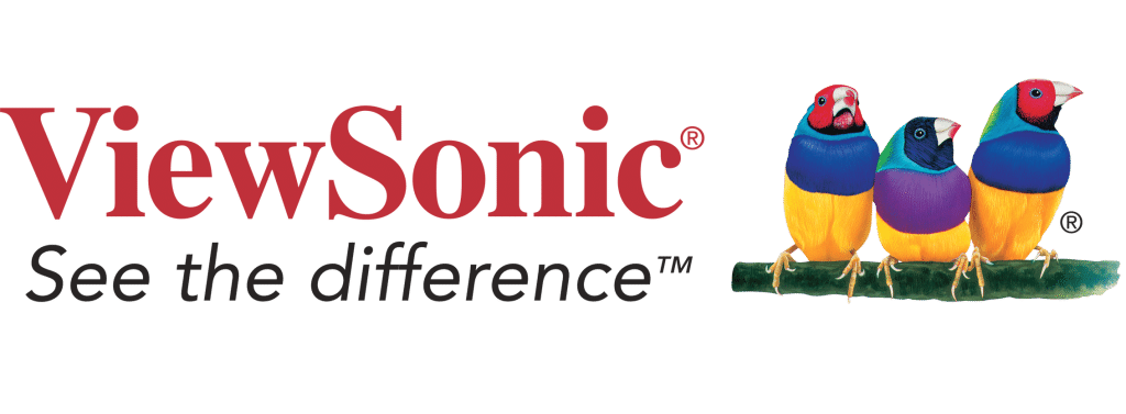 ViewSonic Logo mit Slogan ‚See the difference‘ und drei bunten Gouldamadinen – Marke für Monitore, Projektoren und Displaylösungen