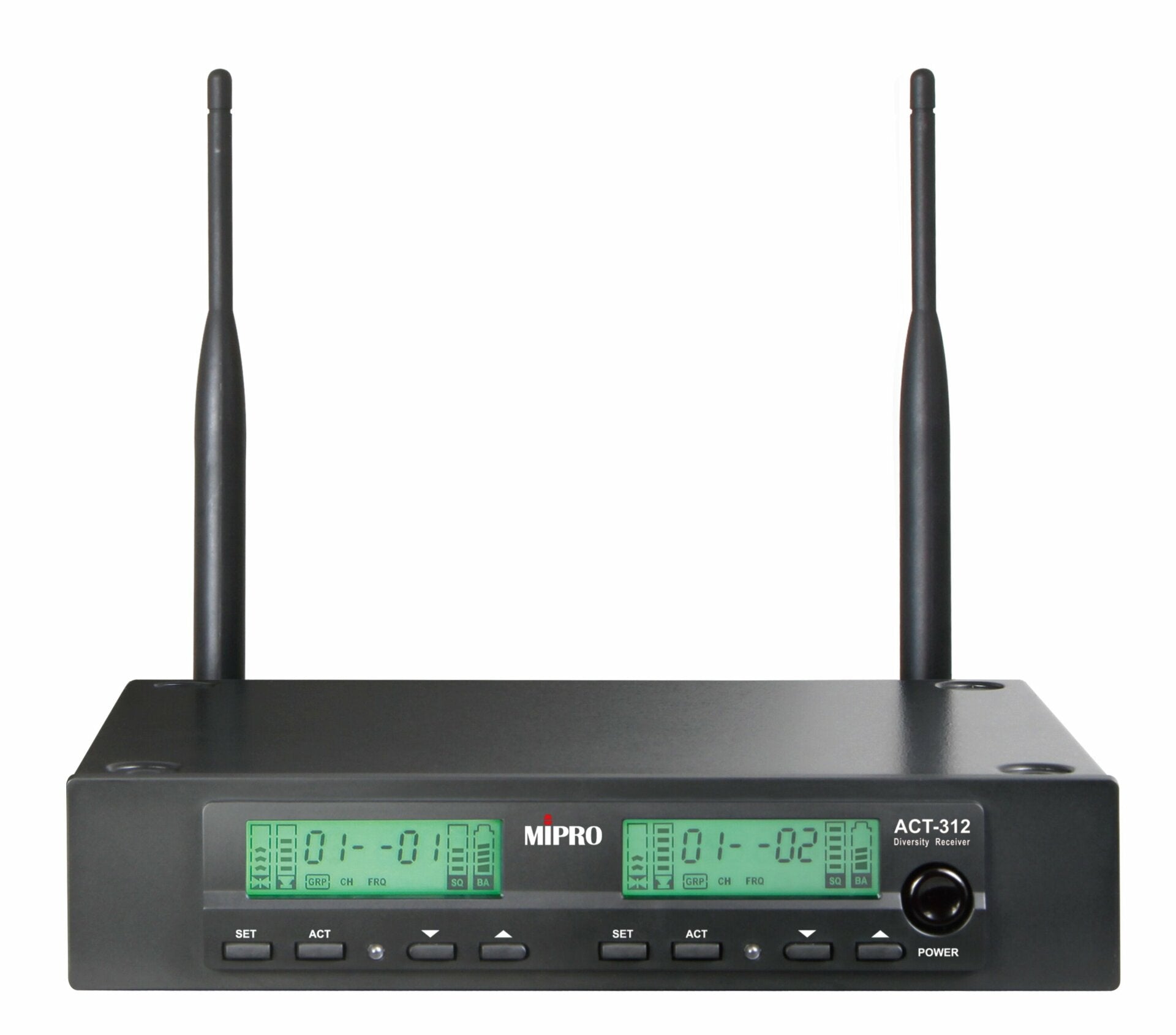 Mipro UHF Empfänger,UHF Diversity Empfänger, 2-Kanal,9,5"-Metallgehäuse, LCDDisplay, ACT-Funktion.