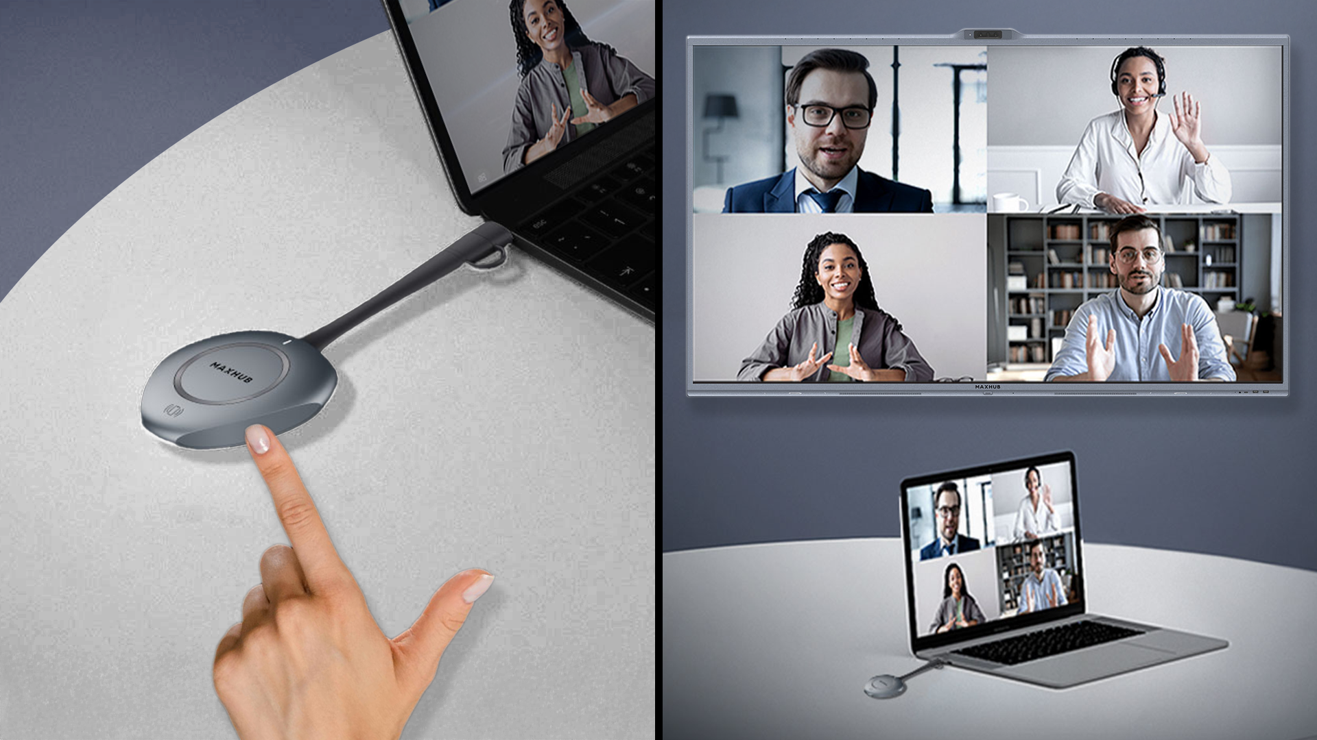 Maxhub XBoard V7 interaktives Display in einem modernen Meetingraum mit Videokonferenz Screensharing mit den MaxHub WT13M USB-C Drahtlos-Videokonferenzdongle: Die Zukunft der kabellosen Kommunikation für Unternehmen