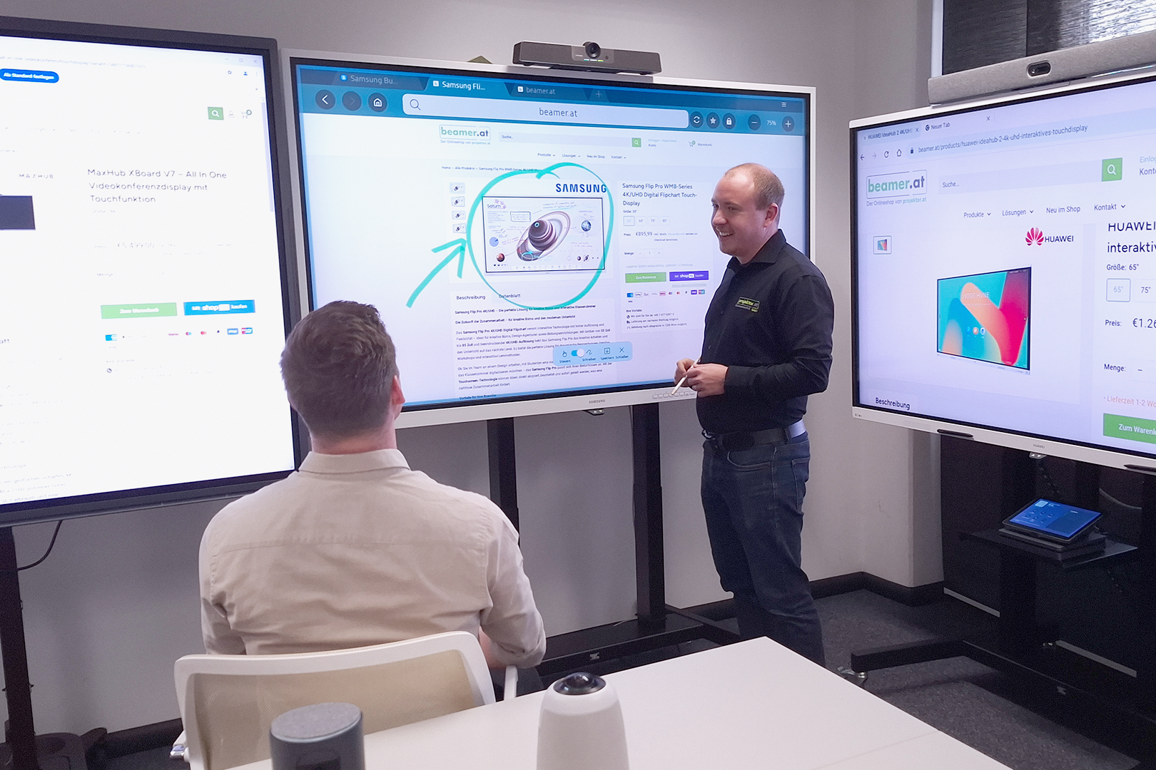 Beratung zu Touchdisplays im beamer.at Showroom in Wien – interaktive Displays, Smartboards, digitale Whiteboards von führenden Marken wie Samsung, Promethean, Maxhub,  Newline und ViewSonic. Perfekt für Bildung, Unternehmen und Collaboration-Lösungen