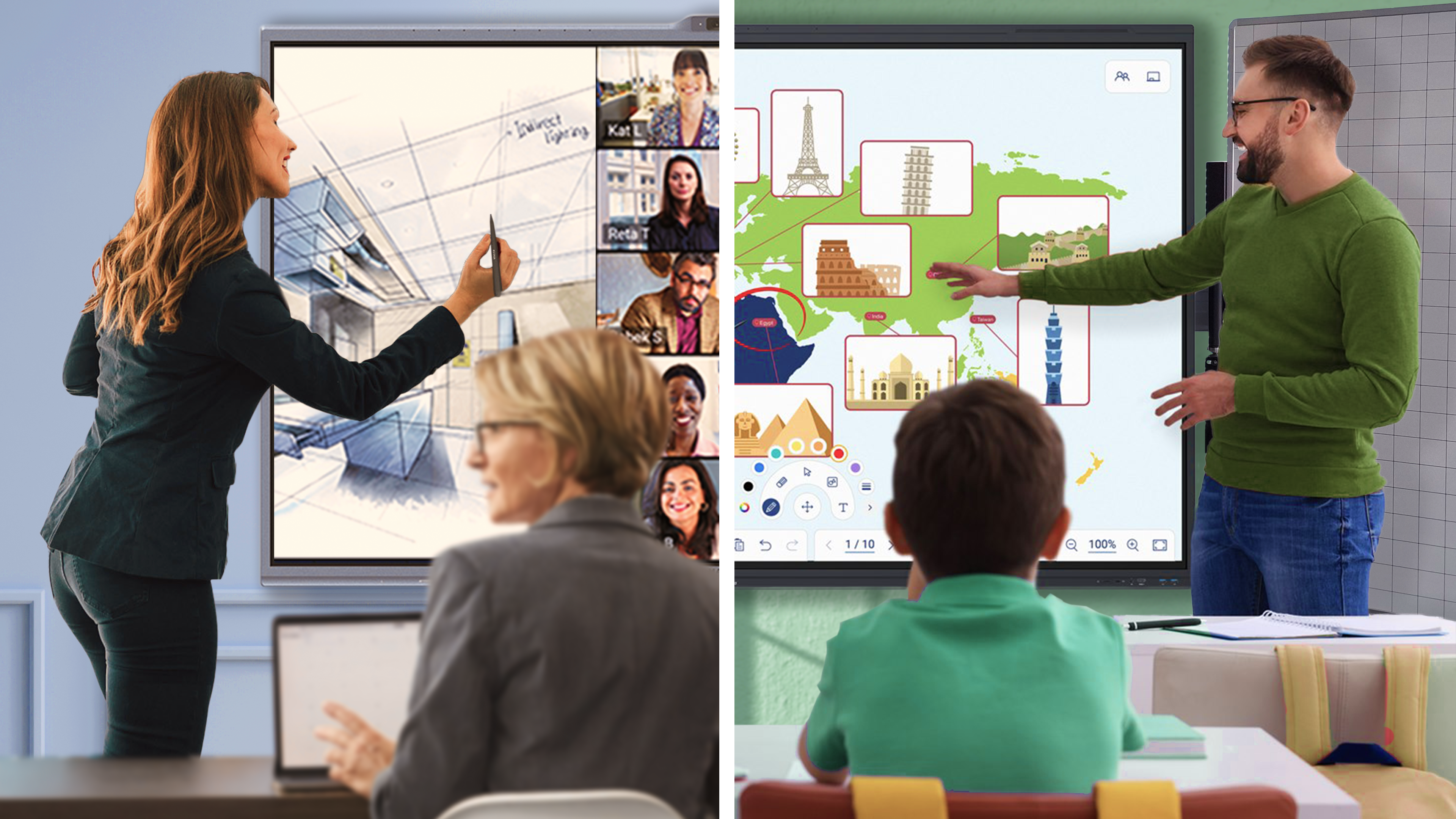 Splitscreen-Bild: Links eine Frau in Businesskleidung, die auf einem interaktiven Whiteboard zeichnet, rechts ein Lehrer im Klassenzimmer