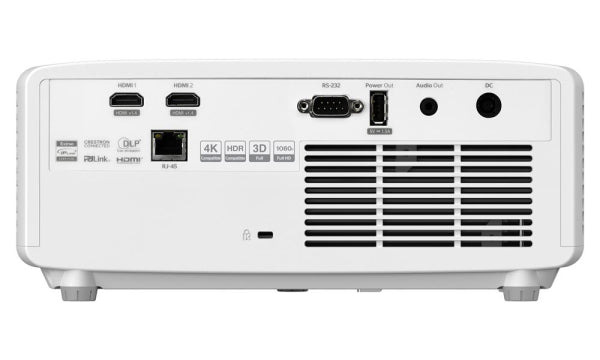Moderner weißer Beamer von Optoma mit leistungsstarkem Objektiv und Lüftungsgitter, ideal für Heimkino, Präsentationen und Business-Anwendungen.