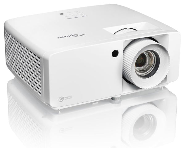 Moderner weißer Beamer von Optoma mit leistungsstarkem Objektiv und Lüftungsgitter, ideal für Heimkino, Präsentationen und Business-Anwendungen.