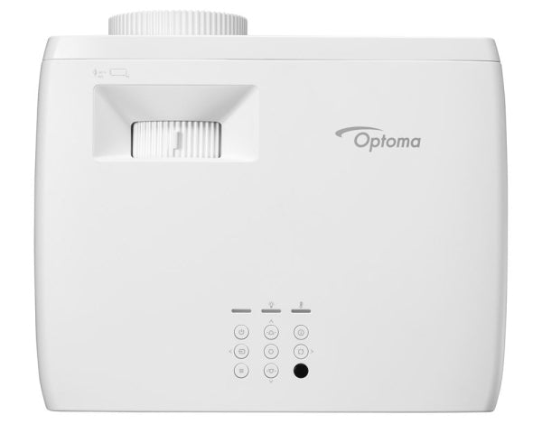 Moderner weißer Beamer von Optoma mit leistungsstarkem Objektiv und Lüftungsgitter, ideal für Heimkino, Präsentationen und Business-Anwendungen.
